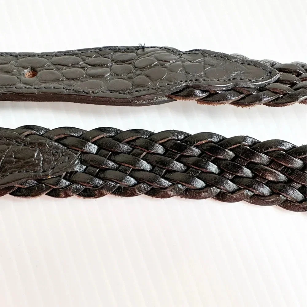 Vintage Crocodile, Woven Leather Belt Black Silver Decorative Buckle
